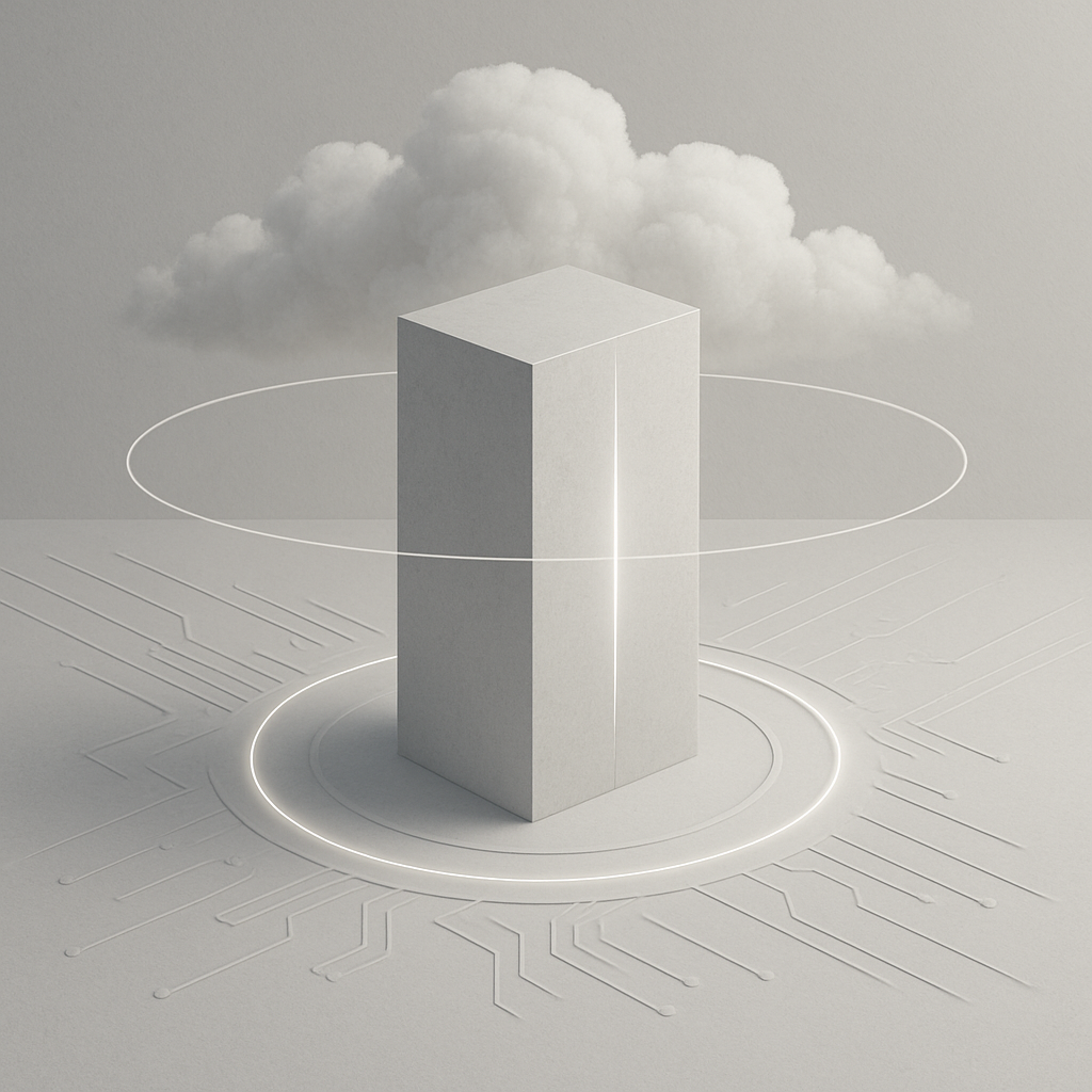 Een minimalistische 3D-rendering toont een witte monoliet in het centrum van een abstract landschap met ingegraveerde circuitlijnen in de vloer. Rond de monoliet zweven een subtiele lichtcirkel op de grond en een dunne, orbitale ring in de lucht, die samen eigendom en controle symboliseren. Op de achtergrond hangen zachte, realistische wolken, wat een serene en futuristische sfeer oproept.